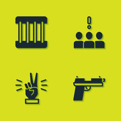 Set Prison window, Pistol or gun, Hand showing two finger and Crowd protest icon. Vector