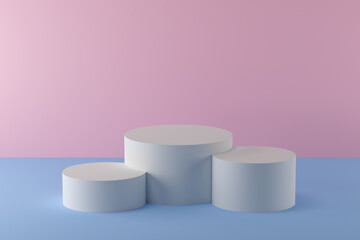3d render minimalist podium with light blue and pink pastel colors with three cylinders as a base