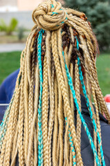 Hair braided in pigtails. African braids. Rasta hairstyle. Blonde hair.