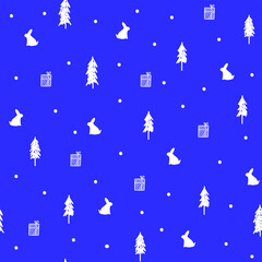 Fototapeta na wymiar Happy new year and Christmas celebration seamless pattern with white rabbit silhouette,fir tree and gift boxes on blue background,print for wallpaper,cover design,packaging,holiday interior decor. 