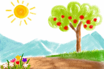 Crayon kid hand drawn landscape view with sun, mountain, meadow, flowers, land and apple tree. Childlike picture drawing, Vector illustration
