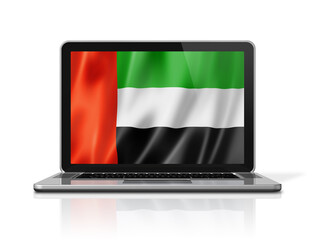 United Arab Emirates flag on laptop screen isolated on white. 3D illustration
