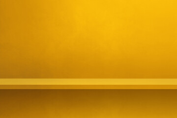 Empty shelf on a yellow wall. Background template. Horizontal backdrop