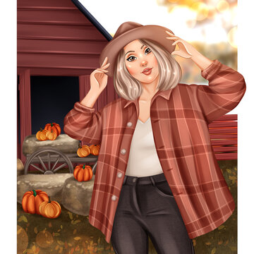 Girl on the farm. Hand drawn autumn girl illustration