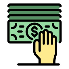 Hand on money icon. Outline hand on money vector icon color flat isolated