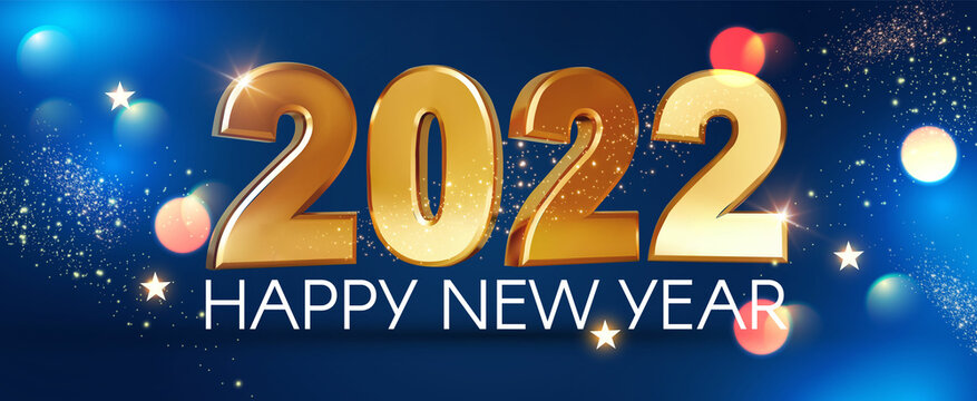 Happy new 2022 year Elegant gold text with bokeh effect and fir tree branches. Minimal text template.