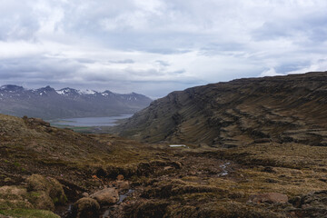 mountain landscape in iceland. Lagoon in the background