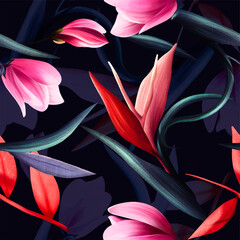 Seamless vector pattern with watercolor flowers and leaves: magnolia and bird of paradise flowers, semaless pattern for fabric