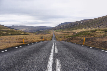 Panoramic view of an empty Icelandic road during a cloudy summer day