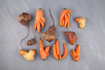 Different Ugly vegetables (potato; carrot; beetroot) on grey textured background, top view. Concept...
