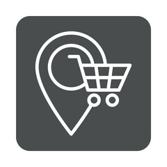 Logotipo con silueta de carrito de la compra con puntero de posición con lineas en cuadrado color gris