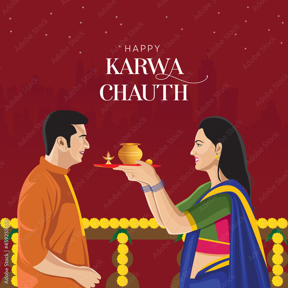 Wall mural indian couple karwa chauth vector template