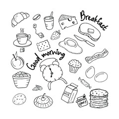 Set of vector drawings of breakfast products. Food illustrations: coffee, tea, scrambled eggs and bacon, buttered sandwich, cheese, croissant, apple, pancakes, a carton of milk, candy, muffin