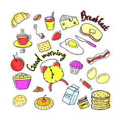 Set of vector drawings of breakfast products. Food illustrations: coffee, tea, scrambled eggs and bacon, buttered sandwich, cheese, croissant, apple, pancakes, a carton of milk, candy, muffin