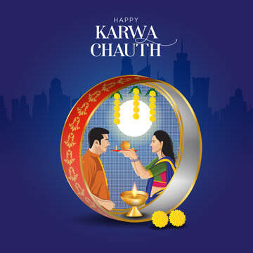 Indian Couple Karwa Chauth VEctor Template