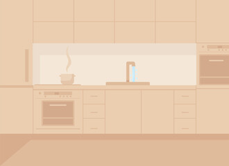 Brown monochrome kitchen flat color vector illustration. Modern furniture in dining room. Apartnment with appliance. Household 2D cartoon interior with modern furniture on background