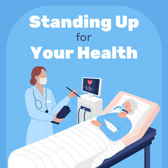 Hospital treatment social media post mockup. Standing up for your health phrase. Web banner design template. Health booster, content layout with inscription. Poster, print ads and flat illustration