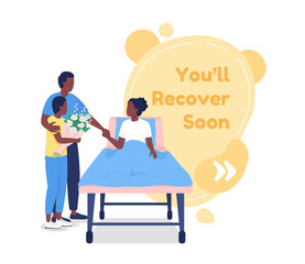 Recover soon vector quote box with flat character. Family visiting patient. Health care in hospital. Speech bubble with cartoon illustration. Colourful quotation design on white background