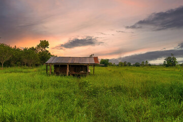 Old hut on sunset background. beautiful landscape.
