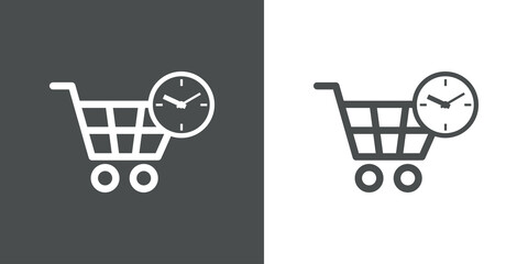 Logotipo con silueta de carrito de la compra con esfera de reloj simple con lineas en fondo gris y fondo banco