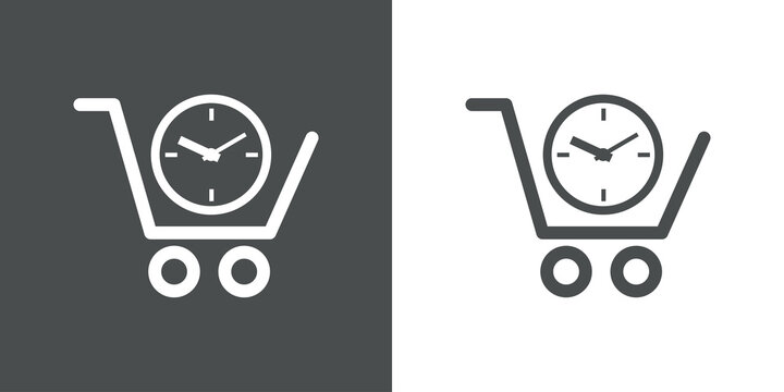 Logotipo con silueta de carrito de la compra con esfera de reloj simple con lineas en fondo gris y fondo banco