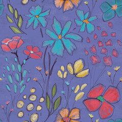 Seamless pattern, flowers, plants, painting, canvas texture, paint texture.