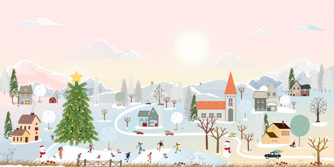 Winter landscape in village, Christmas and new year celebrated in the city,Vector of horizontal banner winter wonderland in the town with happy kids sledding and couple with skiing in the park
