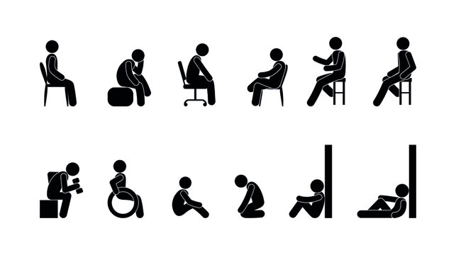 man sitting on a chair and on the floor, sitting people icon, stick figure pictogram, set of human silhouettes in various poses