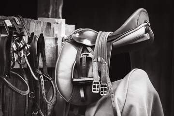 A black-and-white image of a leather saddle with buckles on the straps, bridle reins and stirrups...
