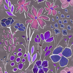 Seamless pattern, flowers, plants, painting, canvas texture, paint texture.