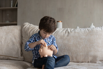 Concentrated little cute kid boy putting coins in piggybank, saving money for future purchase, learning calculating personal budget, accounting or managing finances, education concept.