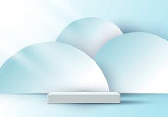 3D realistic elegant display white pedestal podium with circle backdrop on soft blue color studio room background