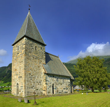 12-th century stone Hove Church (Hove kyrkje), a historic parish church in Vikoyri, Vik, Sogn og Fjordane county, Vestland county, Norway.
