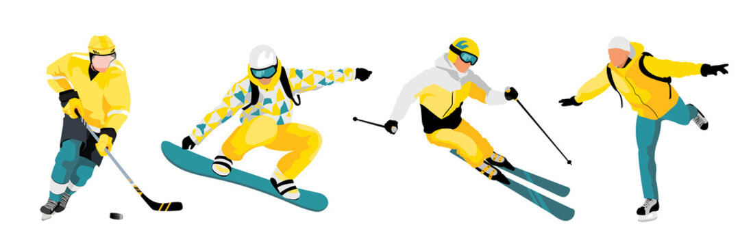 Four men are doing sports like hockey, snowboarding, skiing and ice skating. Image isolated on white background. Concept of physical exercises and development. Vector graphic illustration