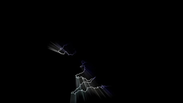 United Kingdom - country shape and moving rays of light. 3D 4k animation (3840 x 2160 px). 