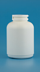 medical bottle vertical template. medical jar mockup for branding, text and design. white unbranded jar on blue background