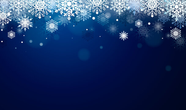 Frame made of beautiful snowflakes on dark blue background. Concept of christmas and Happy New Year holiday greeting card. Vector illustration