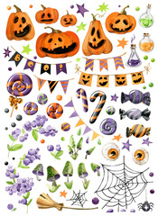 Watercolor set of Halloween items. Cute Pumpkin, flags, net and spider, stars, candies, mushrooms and berries. Isolated on a white background.