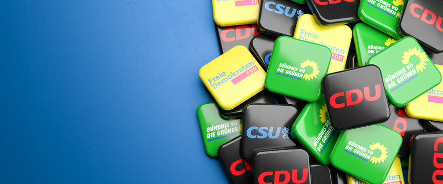 Logos of the German political parties CDU/CSU, Die Gr&uuml;nen, FDP who might be forming the so called Jamaica coalition (Jamaikakoalition) in the Bundestag election. Copy space.