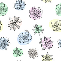 Cute white pattern with black line pastel multicolored flowers. Seamless background. Textiles for children. Minimalism paper scrapbook for kids. 