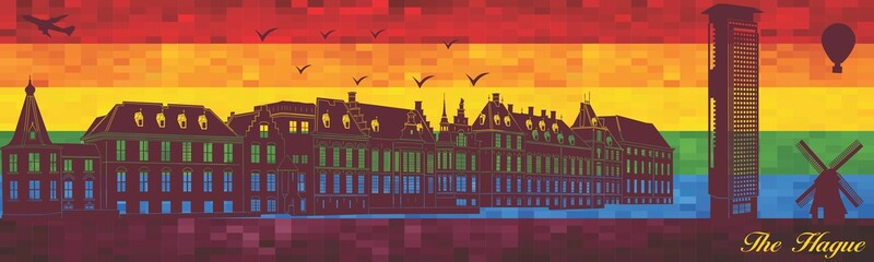 Hague on LGBT flag background - illustration, 
Town in Rainbow background, 
Vector city skyline silhouette