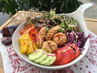 Mixed Salad with sausage and meat ball include carrot, corn and milet, purple potato, radish and Sunflower seedling