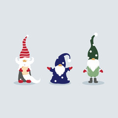 Cute Christmas gnome. Set of three elements. Wizard in cap.