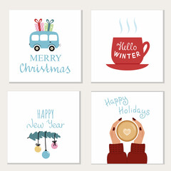 Set postcard New Year and Christmas. Bus gift. Lettering hello winter. Mug tea. Toy Christmas tree.