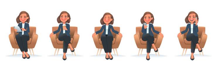Set of character of a business woman sitting in a chair. A girl employee in an armchair uses a tablet and a phone, rests, drinks coffee