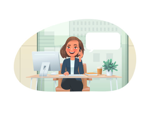 Business woman, entrepreneur or company employee sits at desktop PC and talks on the phone in the office