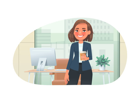 Successful business woman on the background of the interior of the office. Portrait of a happy leader girl