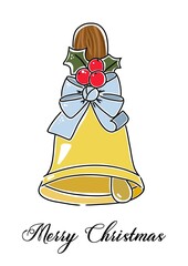 Christmas card with a hand bell. A congratulatory poster. Print for printing.