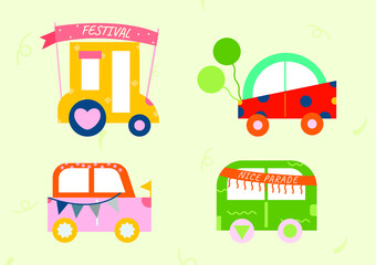 Set of cute car festival with banner, ballon, and flag. Colorful and pattern illustration simple design vector