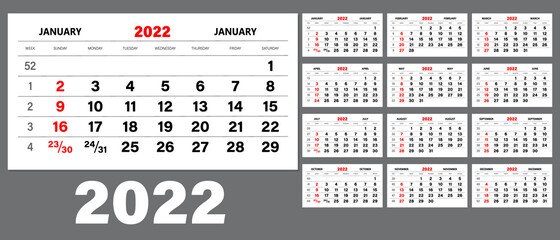 The template of the monthly calendar for 2022. The week starts on Sunday. Wall calendar in a minimalist style. Sunday is highlighted in red. Gray background